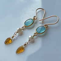 Tourmaline Leaf, Pearl and Chalcedony Earrings