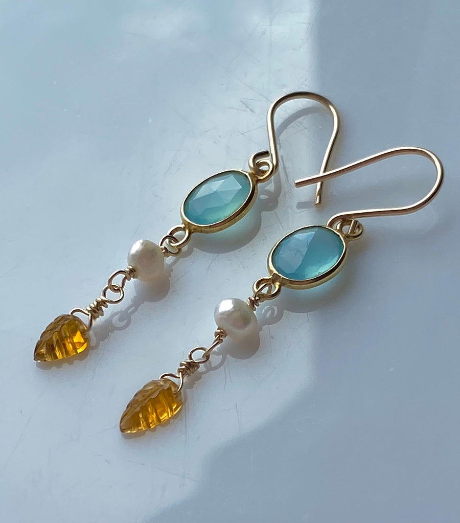 Tourmaline Leaf, Pearl and Chalcedony Earrings