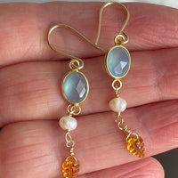 Tourmaline Leaf, Pearl and Chalcedony Earrings