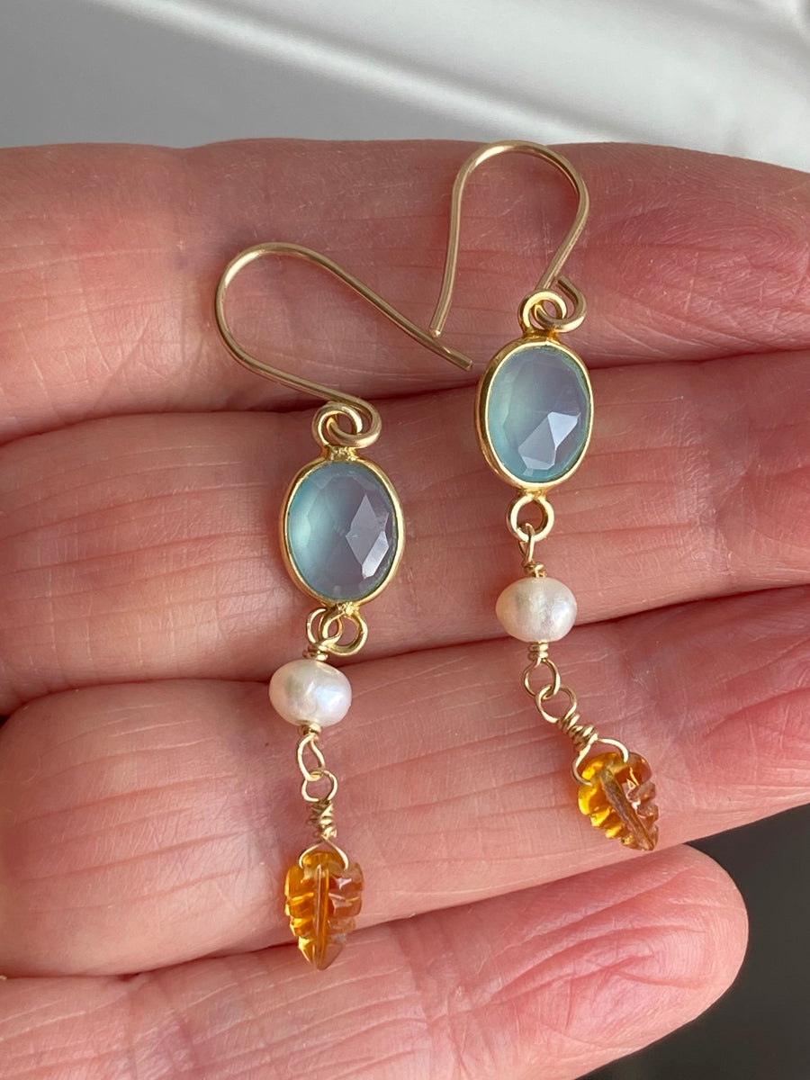 Tourmaline Leaf, Pearl and Chalcedony Earrings