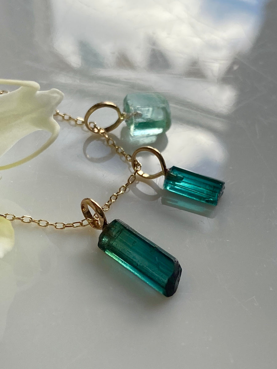 Raw Indicolite Teal Blue Tourmaline Pendant Necklace, October Birthstone Necklace