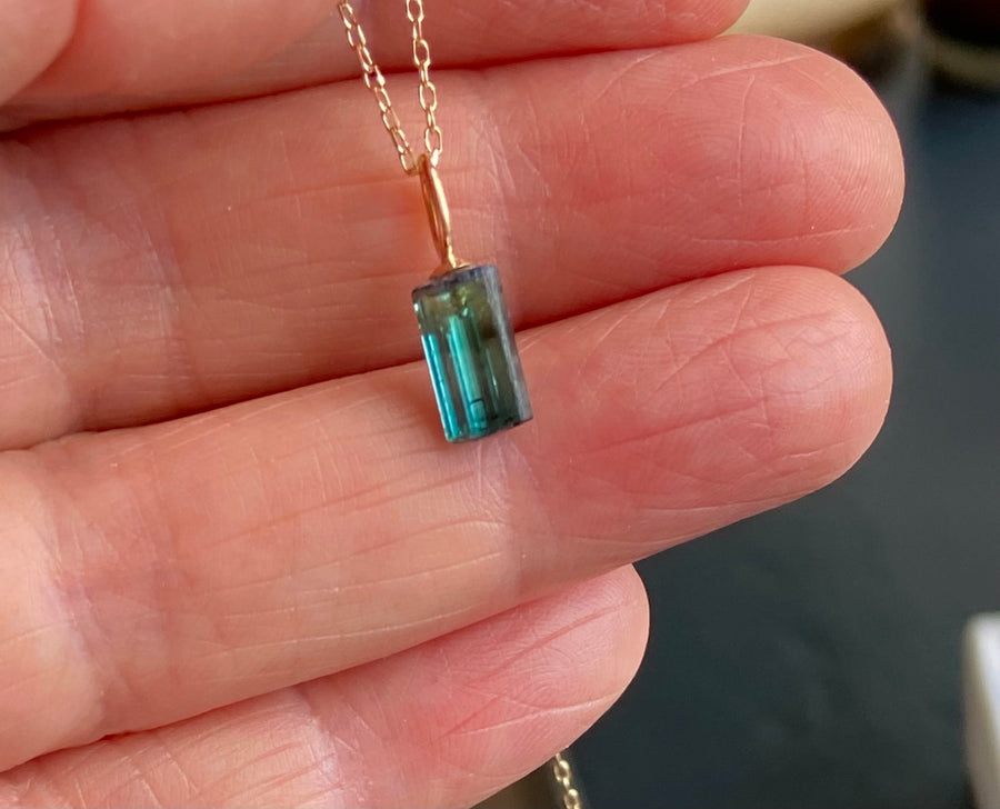 Raw Indicolite Teal Blue Tourmaline Pendant Necklace, October Birthstone Necklace