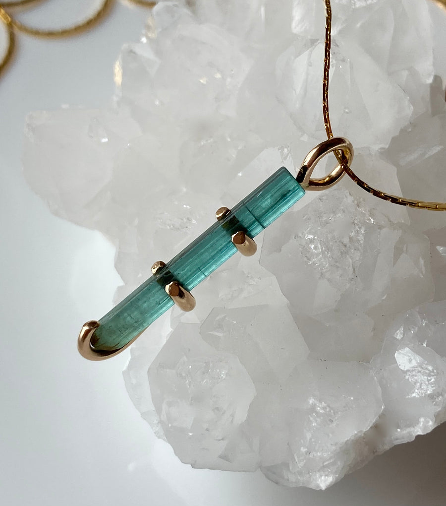 Raw Indicolite Teal Blue Tourmaline Pendant Necklace, October Birthstone Necklace