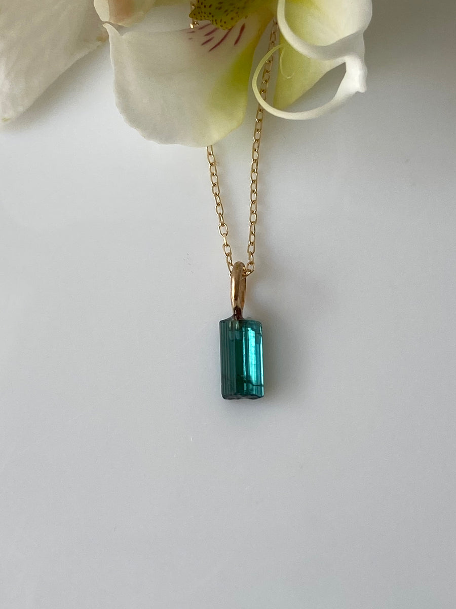 Raw Indicolite Teal Blue Tourmaline Pendant Necklace, October Birthstone Necklace