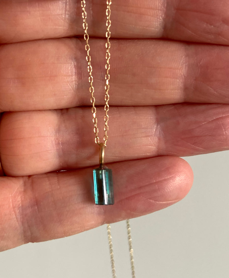 Raw Indicolite Teal Blue Tourmaline Pendant Necklace, October Birthstone Necklace