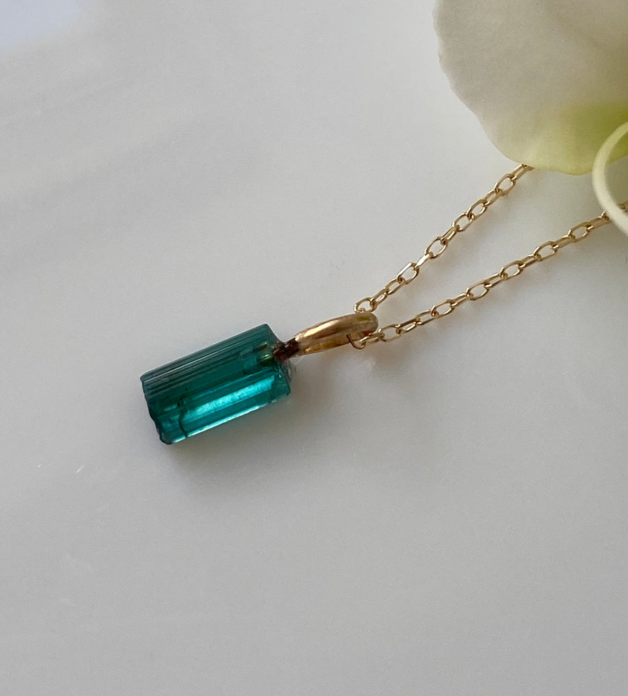 Raw Indicolite Teal Blue Tourmaline Pendant Necklace, October Birthstone Necklace