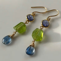 Blue Kyanite, Peridot and Iolite /Water Sapphire Earrings