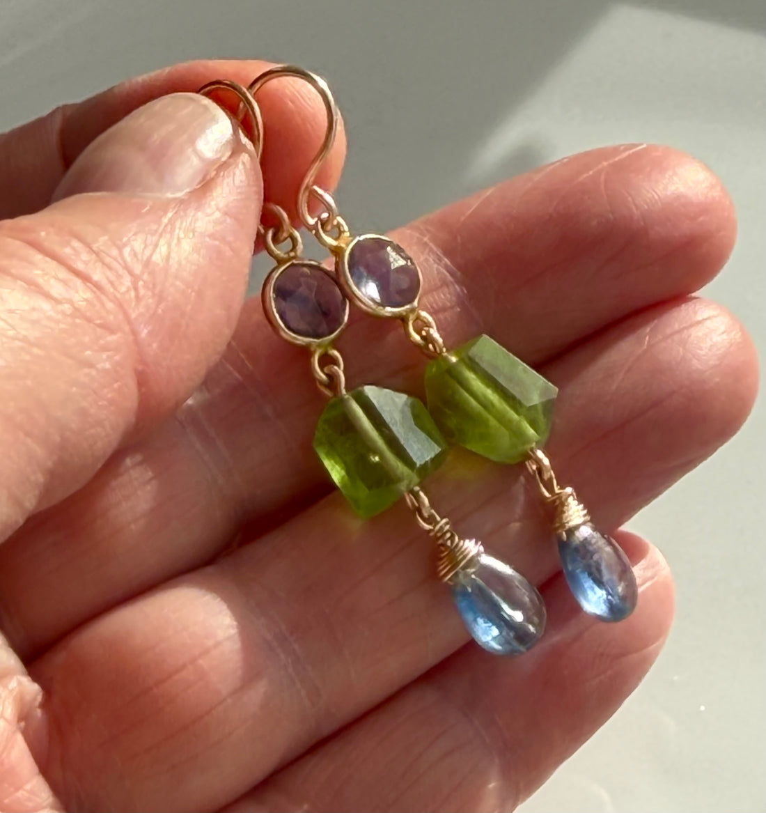 Blue Kyanite, Peridot and Iolite /Water Sapphire Earrings