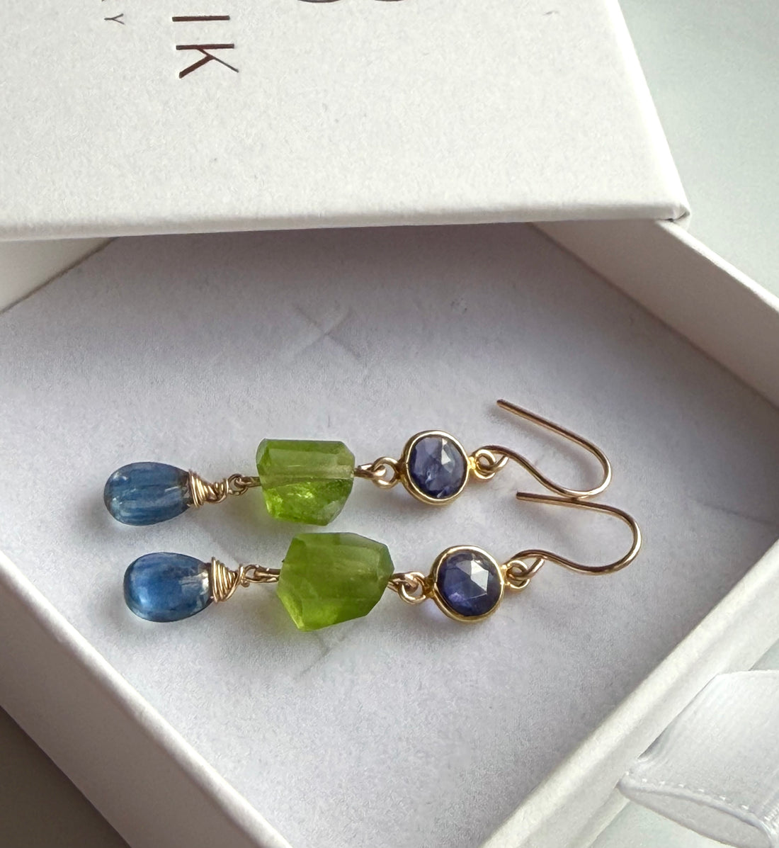 Blue Kyanite, Peridot and Iolite /Water Sapphire Earrings