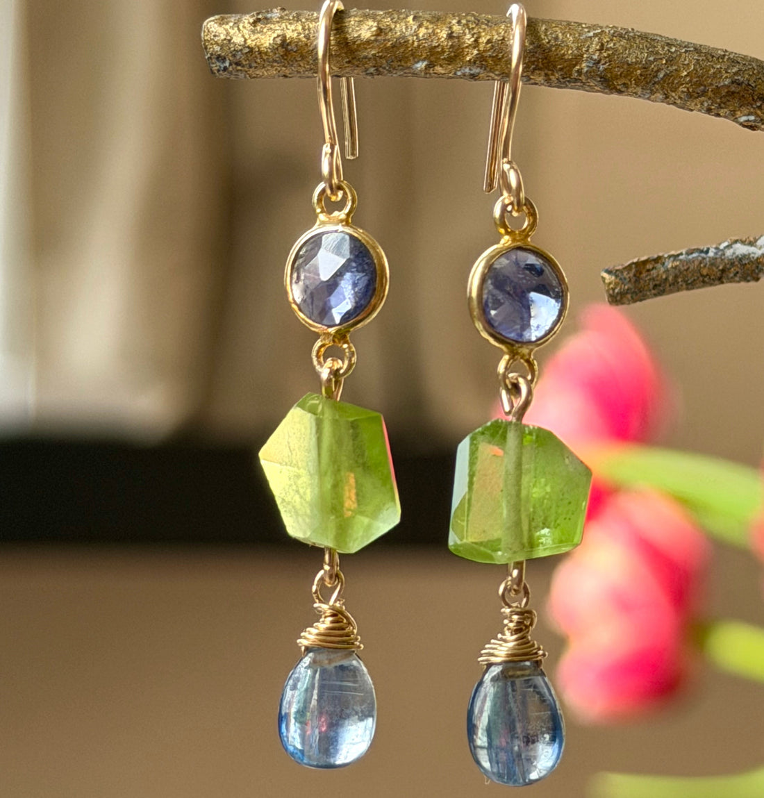 Blue Kyanite, Peridot and Iolite /Water Sapphire Earrings