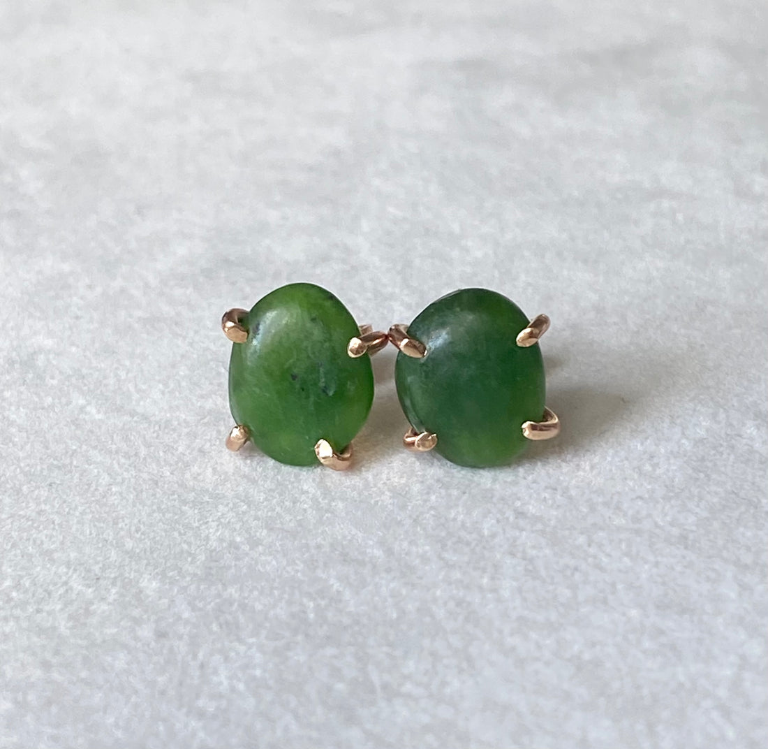 Green Russian Jade Stud Earrings, May Birthstone Earrings