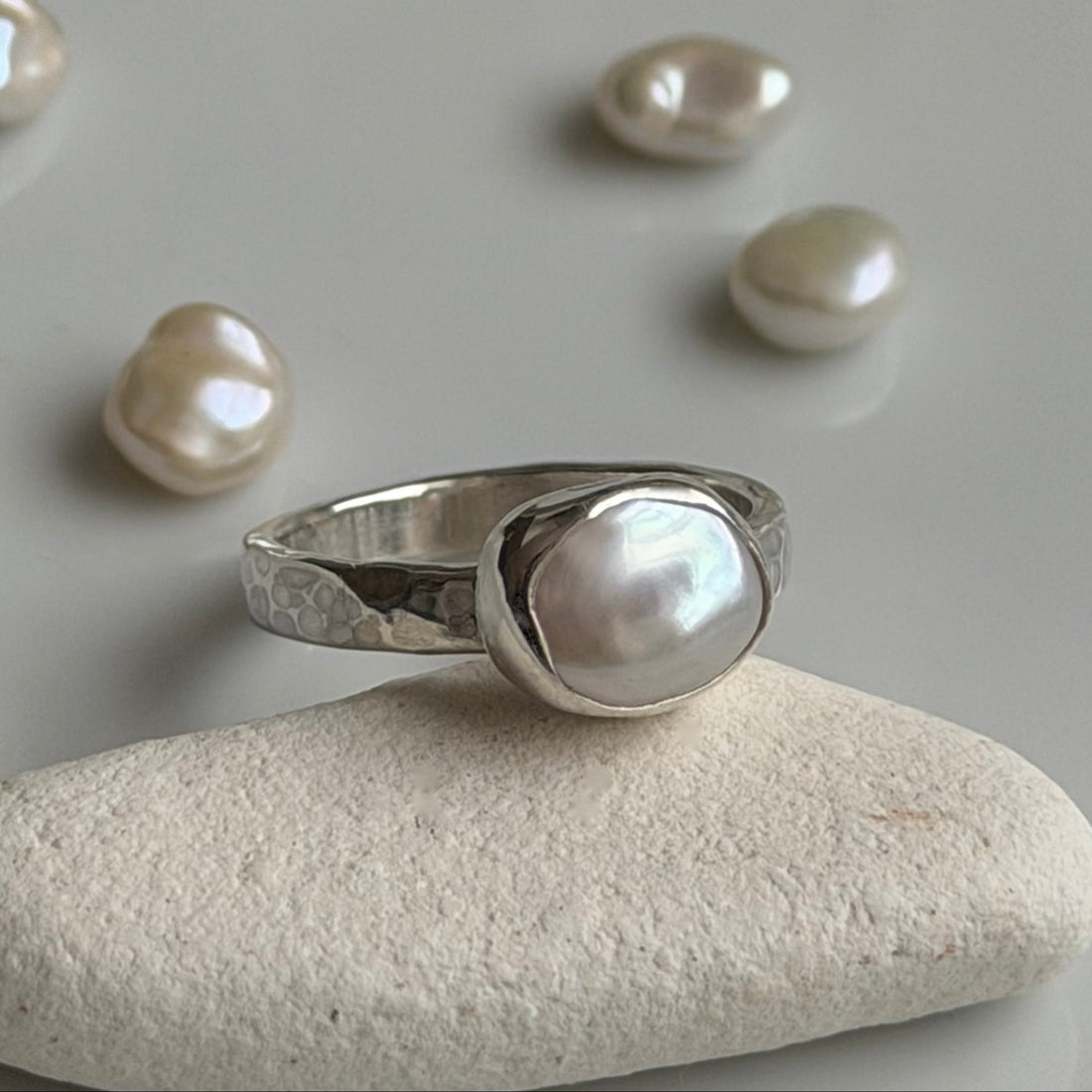 White Freshwater Keshi Pearl Ring, June Birthstone