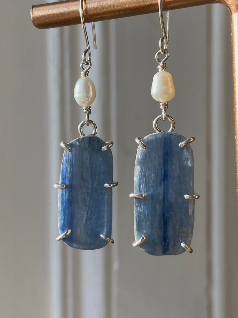 Brazilian Blue Kyanite Slice and Freshwater Pearl Earrings