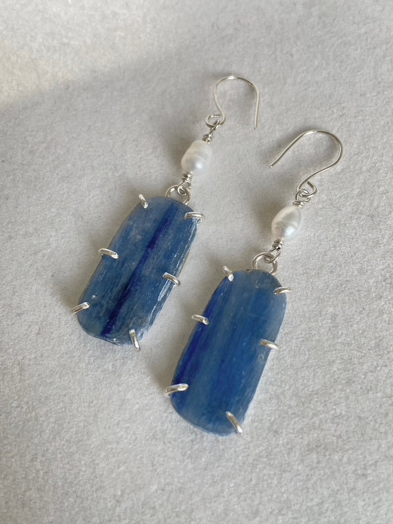 Brazilian Blue Kyanite Slice and Freshwater Pearl Earrings