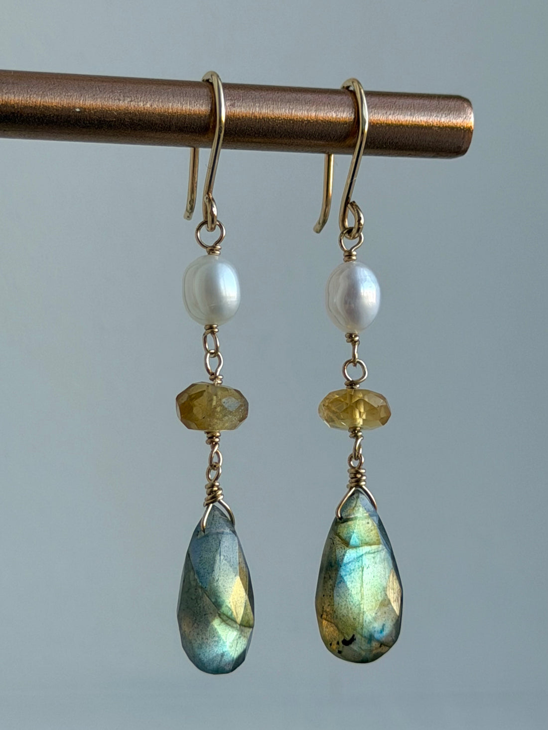 Labradorite, Citrine and Freshwater Pearl Earrings, June November February March Birthstone