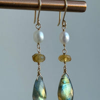 Labradorite, Citrine and Freshwater Pearl Earrings, June November February March Birthstone