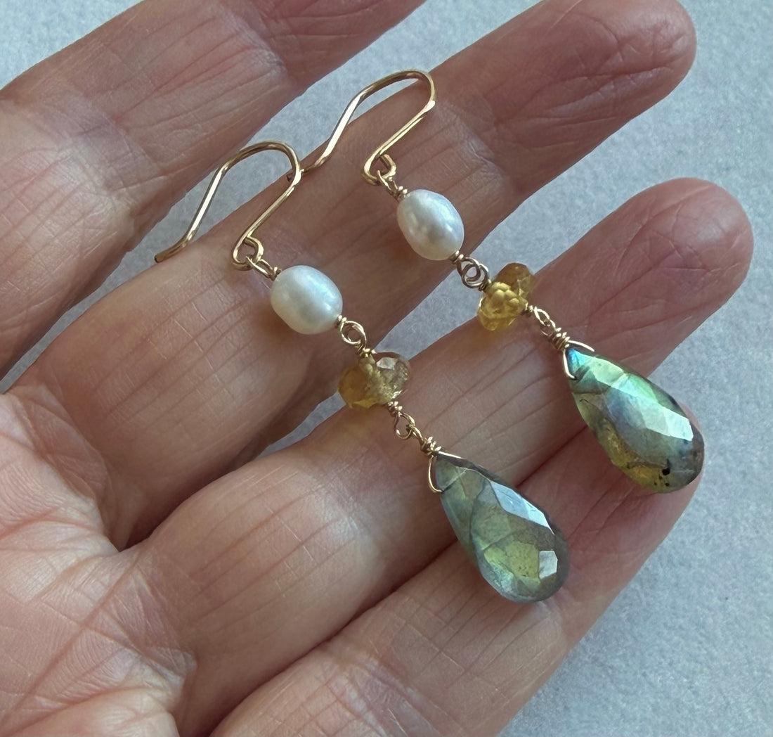 Labradorite, Citrine and Freshwater Pearl Earrings, June November February March Birthstone