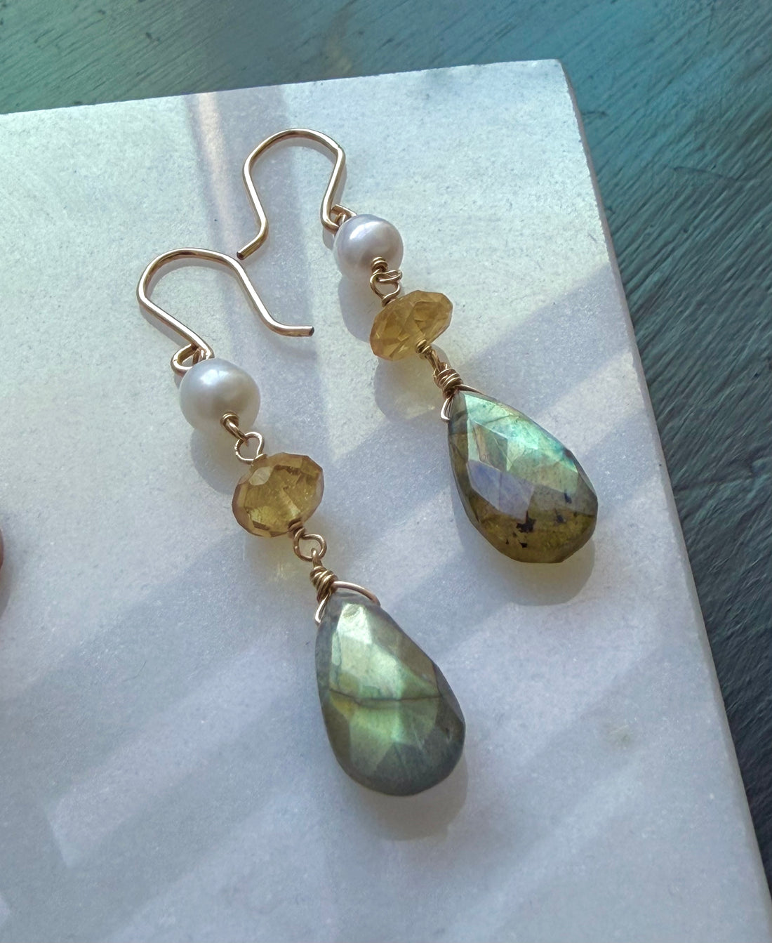 Labradorite, Citrine and Freshwater Pearl Earrings, June November February March Birthstone