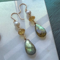 Labradorite, Citrine and Freshwater Pearl Earrings, June November February March Birthstone