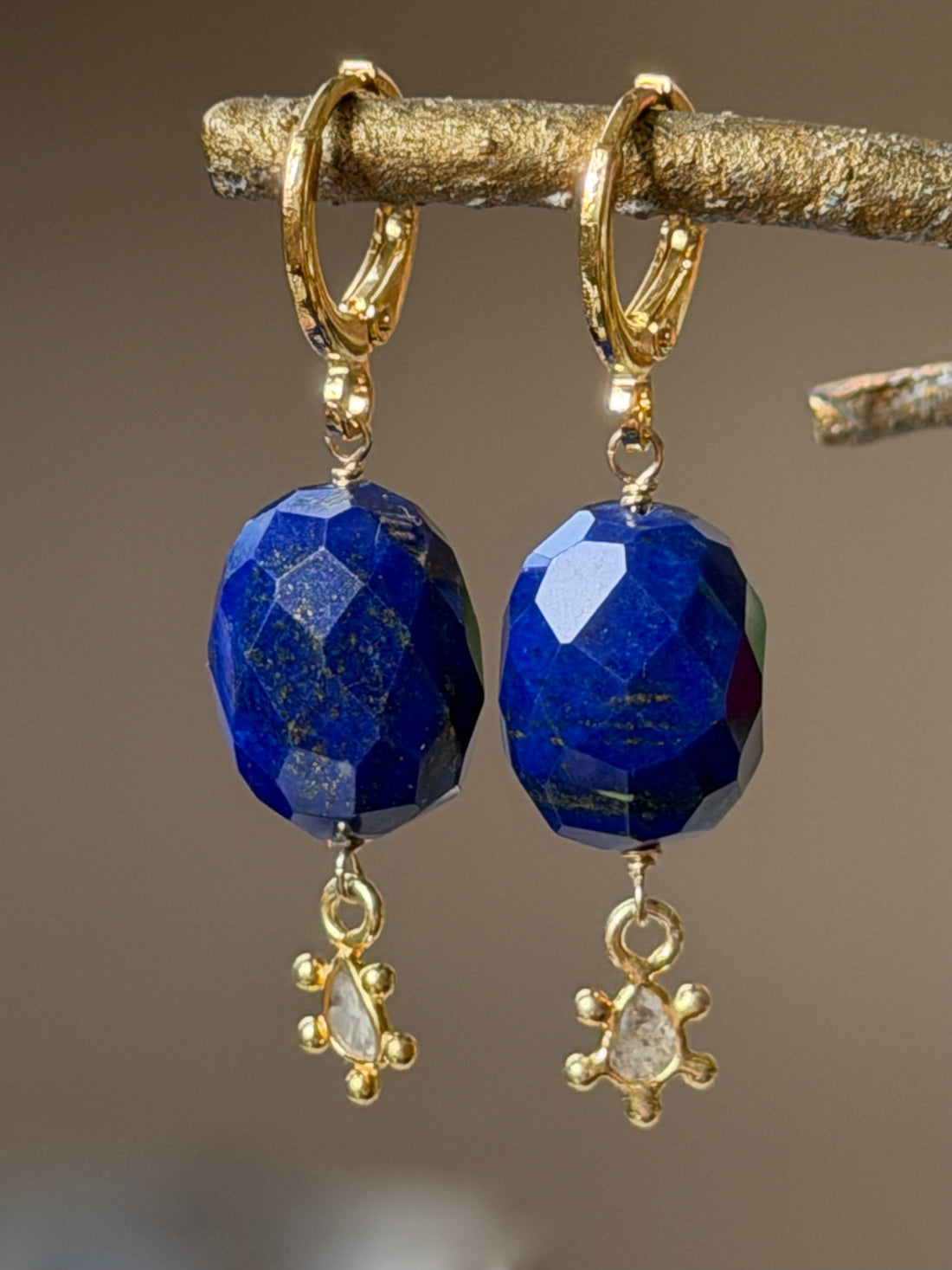 Lapis Lazuli and Salt and Pepper Diamond Slice Hoop Earrings