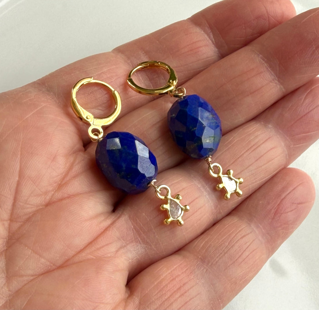 Lapis Lazuli and Salt and Pepper Diamond Slice Hoop Earrings