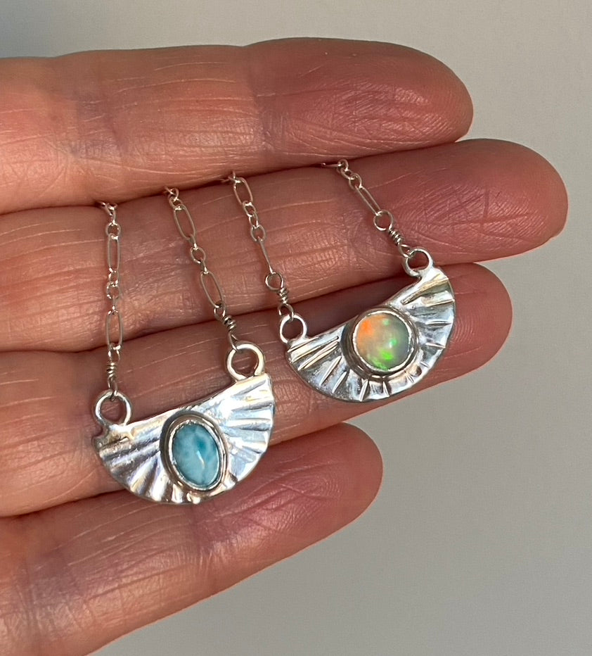 Opal and Silver Half Sunburst Pendant Necklace