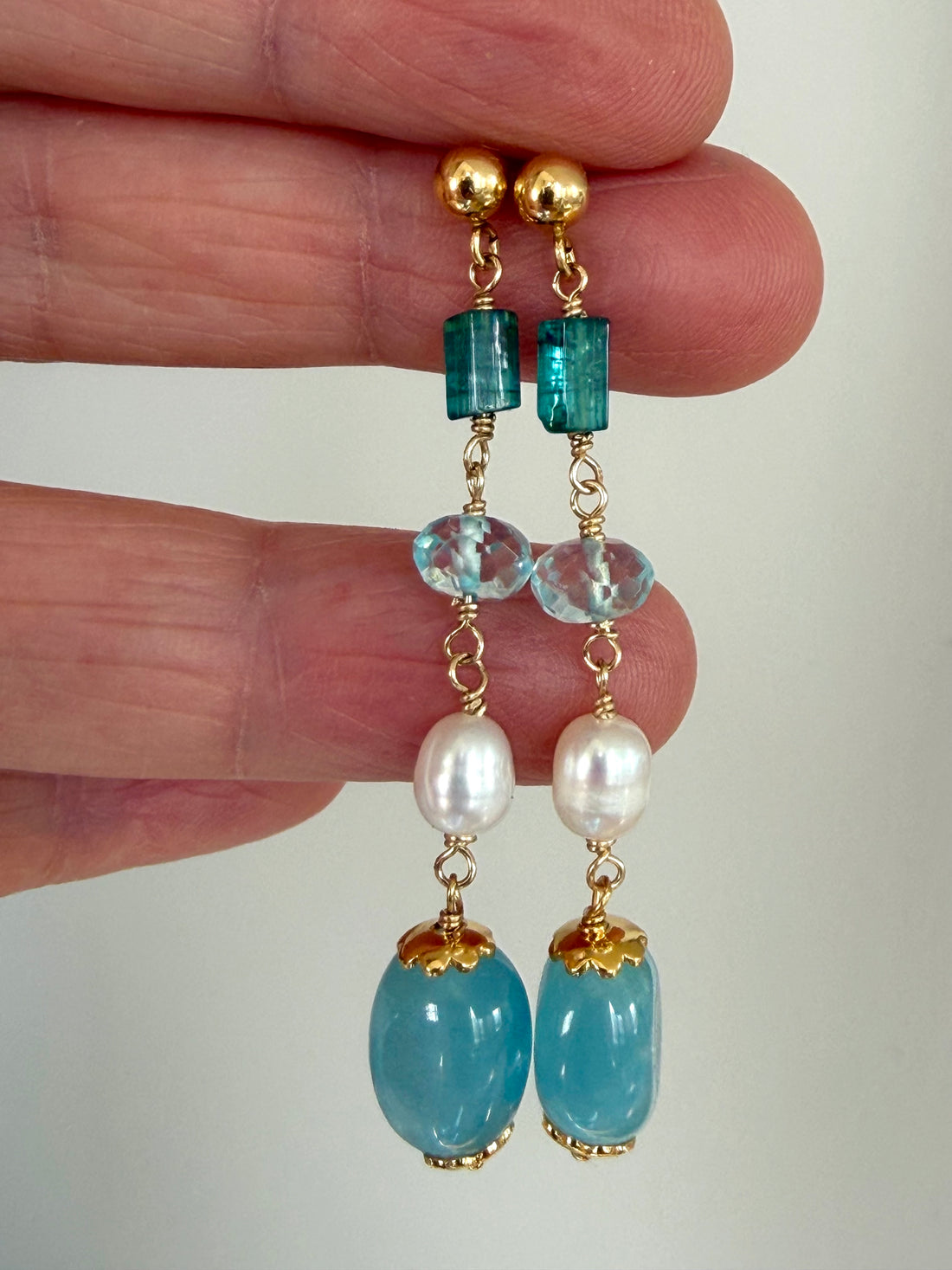 Aquamarine, Pearl, Sky Blue Topaz and Indicolite Tourmaline Earrings