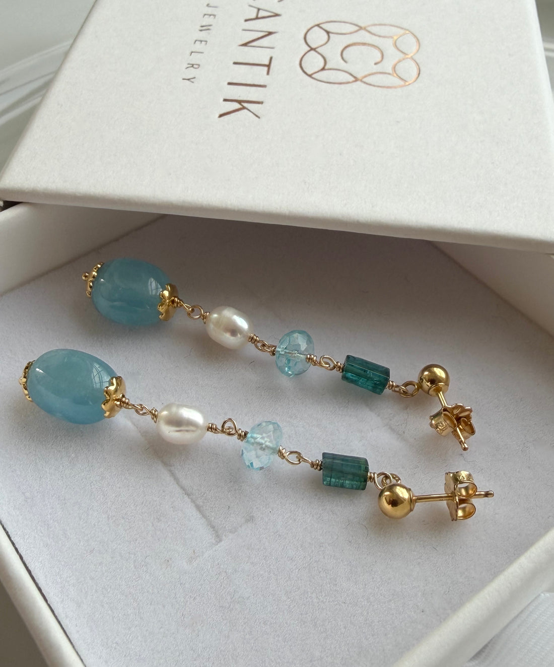 Aquamarine, Pearl, Sky Blue Topaz and Indicolite Tourmaline Earrings