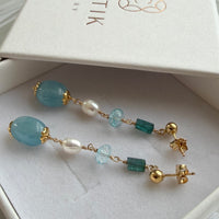 Aquamarine, Pearl, Sky Blue Topaz and Indicolite Tourmaline Earrings