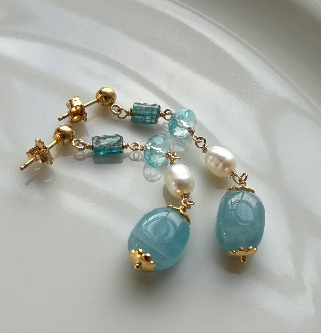 Aquamarine, Pearl, Sky Blue Topaz and Indicolite Tourmaline Earrings