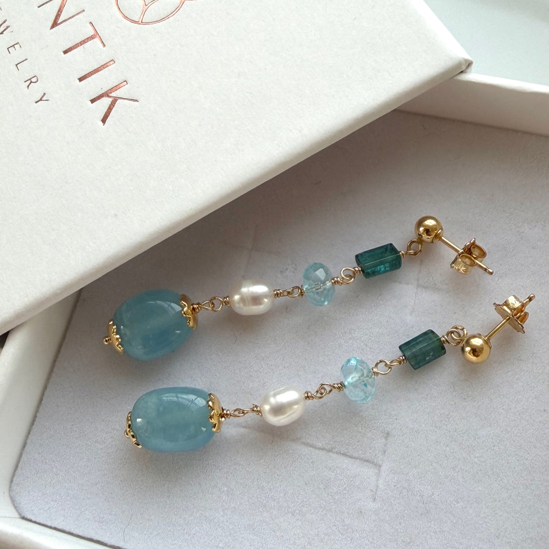 Aquamarine, Pearl, Sky Blue Topaz and Indicolite Tourmaline Earrings