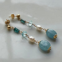 Aquamarine, Pearl, Sky Blue Topaz and Indicolite Tourmaline Earrings