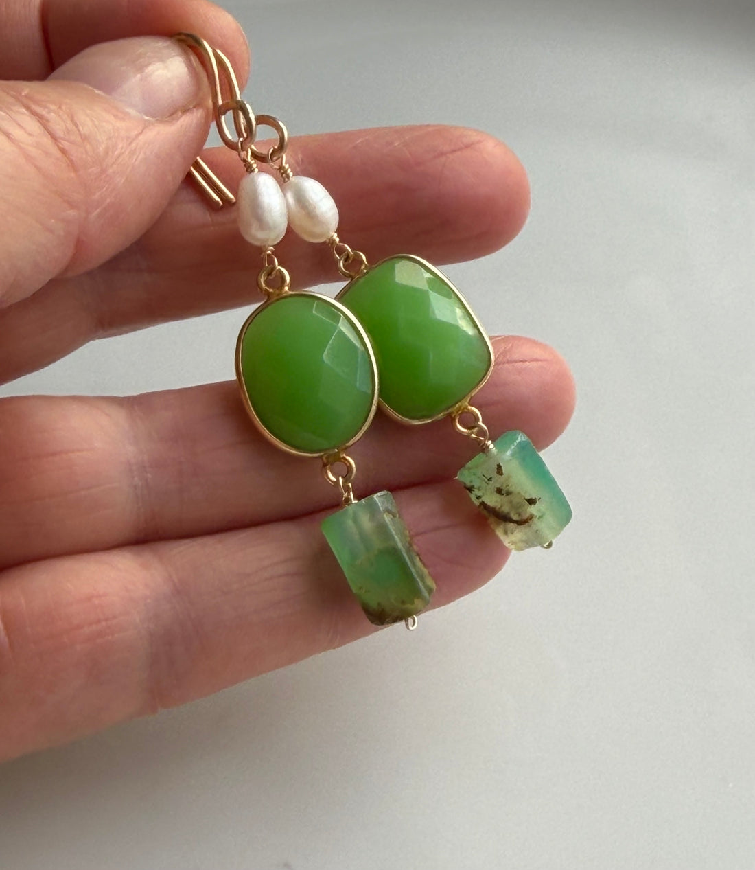 Australian Chrysoprase Chalcedony and Freshwater Pearls Earrings