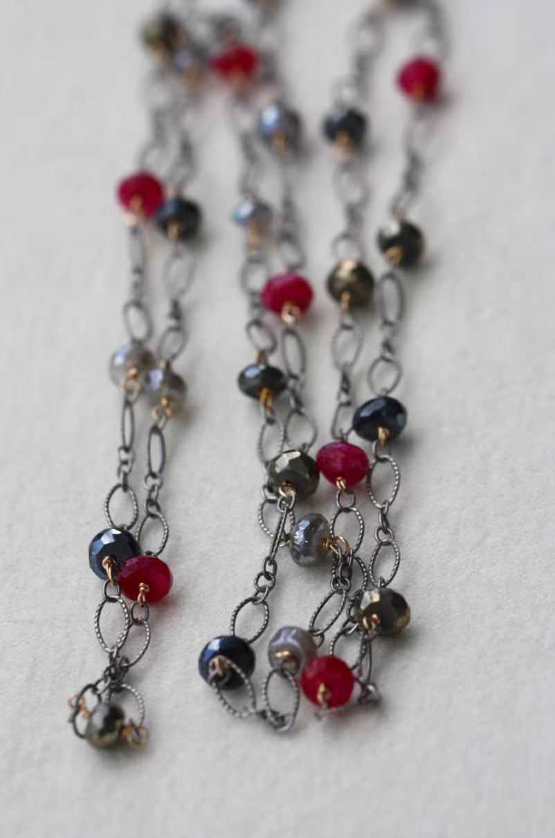 Long Multi Gemstone Necklace, Ruby Golden Pyrite Labradorite Black Spinel Necklace, July Birthstone Necklace