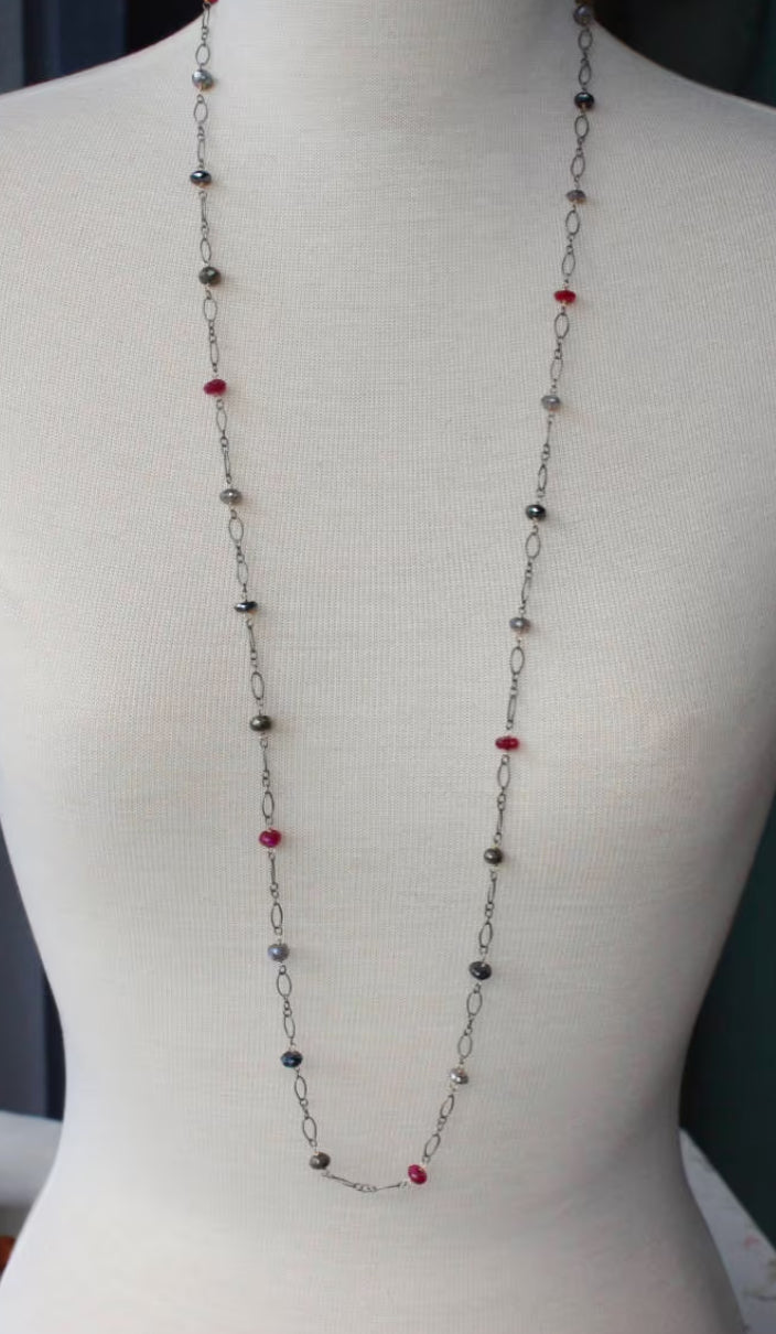 Long Multi Gemstone Necklace, Ruby Golden Pyrite Labradorite Black Spinel Necklace, July Birthstone Necklace