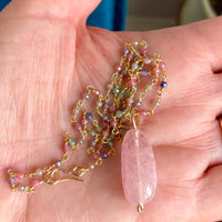 Morganite Pendant with Sapphire Rosary Chain Necklace