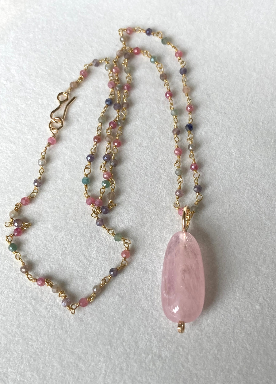 Morganite Pendant with Sapphire Rosary Chain Necklace