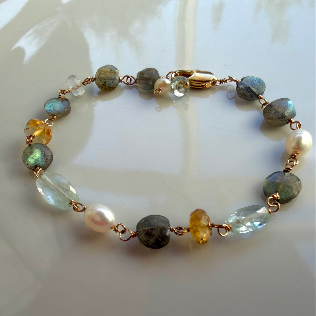 Mixed Natural Gemstones and Freshwater Pearls Bracelet, March November and June Birthstone