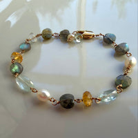 Mixed Natural Gemstones and Freshwater Pearls Bracelet, March November and June Birthstone