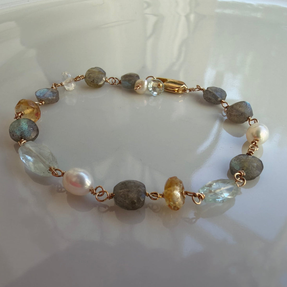 Mixed Natural Gemstones and Freshwater Pearls Bracelet, March November and June Birthstone