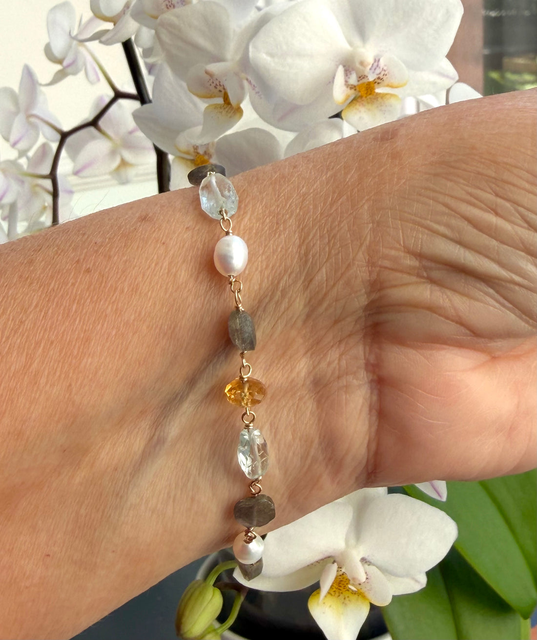 Mixed Natural Gemstones and Freshwater Pearls Bracelet, March November and June Birthstone