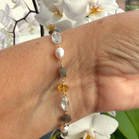 Mixed Natural Gemstones and Freshwater Pearls Bracelet, March November and June Birthstone