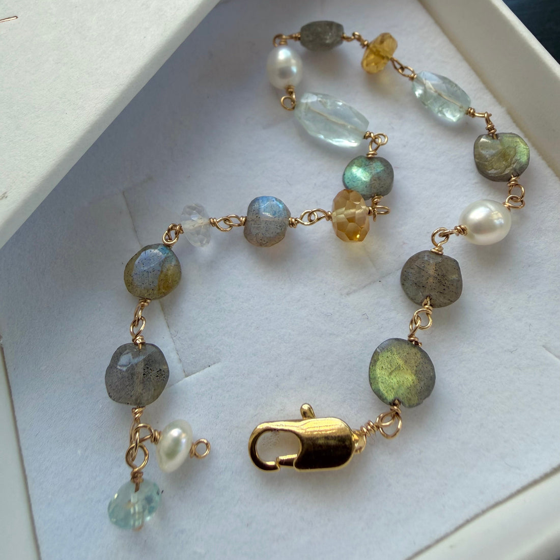 Mixed Natural Gemstones and Freshwater Pearls Bracelet, March November and June Birthstone