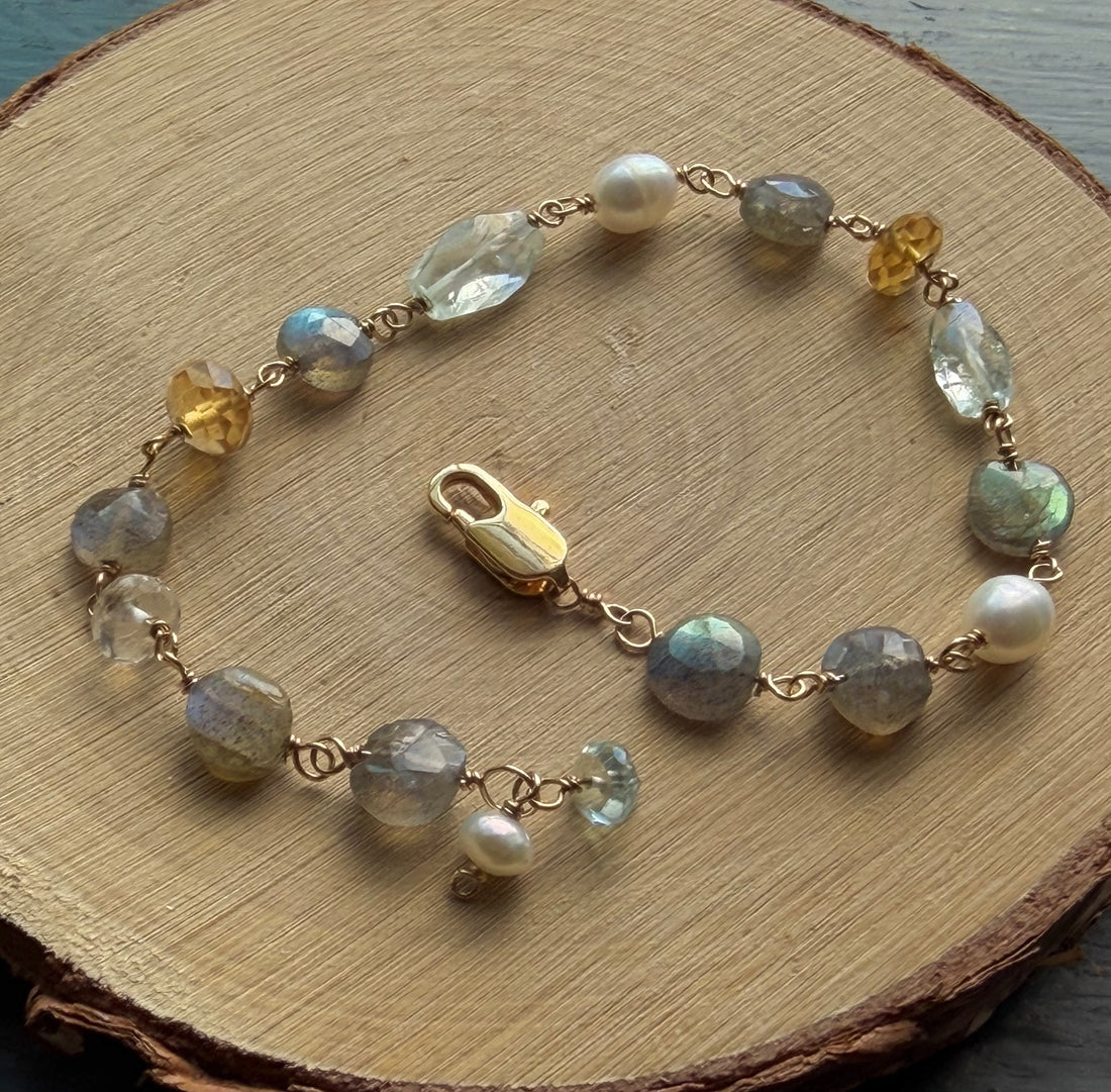 Mixed Natural Gemstones and Freshwater Pearls Bracelet, March November and June Birthstone