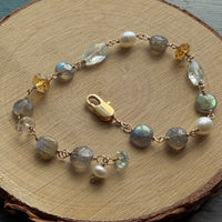 Mixed Natural Gemstones and Freshwater Pearls Bracelet, March November and June Birthstone