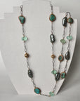 Long Chain Necklace with Turquoise, Sage Green Baroque Pearls and Green Fluorite, December June Birthstone Necklace