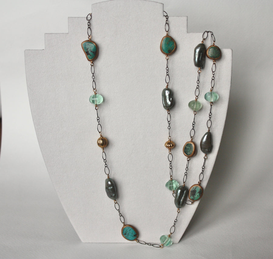 Long Chain Necklace with Turquoise, Sage Green Baroque Pearls and Green Fluorite, December June Birthstone Necklace