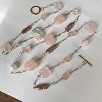 Long Pink Multi Gemstone and Pearl Necklace