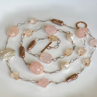 Long Pink Multi Gemstone and Pearl Necklace