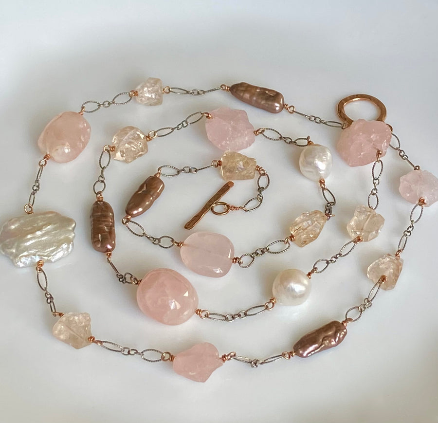 Long Pink Multi Gemstone and Pearl Necklace